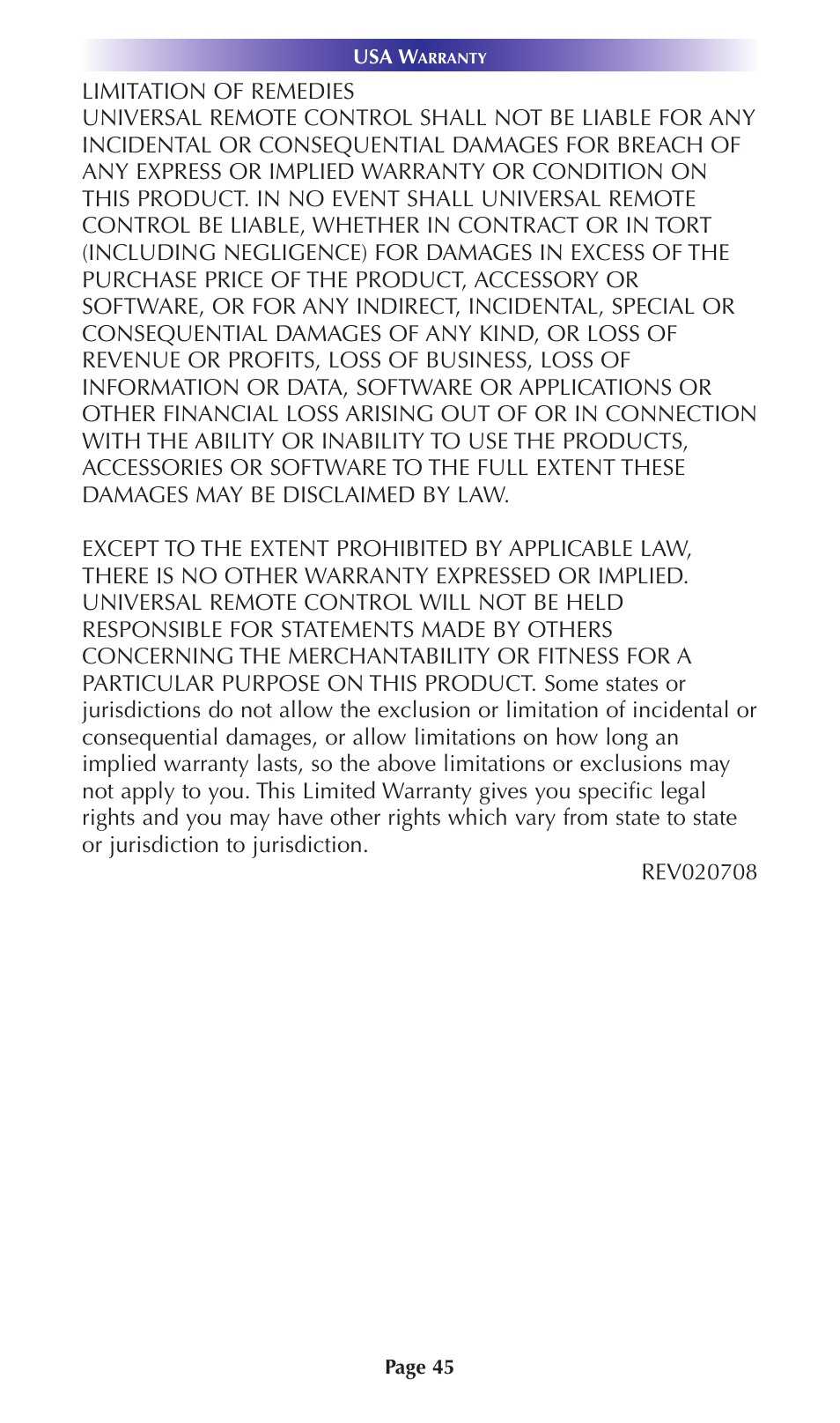 Universal Remote Control (URS) Thermostat THZ-100 User Manual | Page 45 / 49
