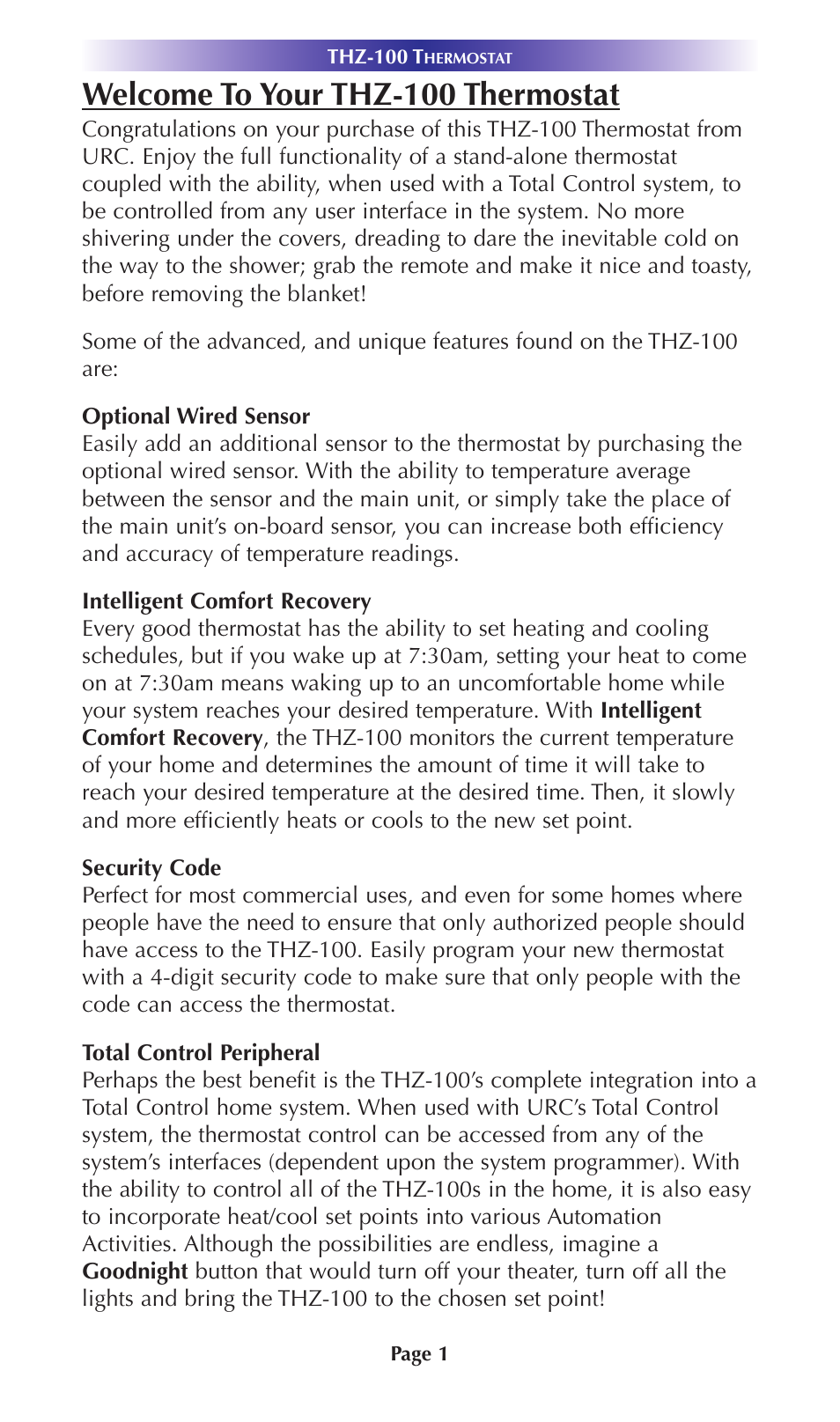 Welcome to your thz-100 thermostat | Universal Remote Control (URS) Thermostat THZ-100 User Manual | Page 5 / 49