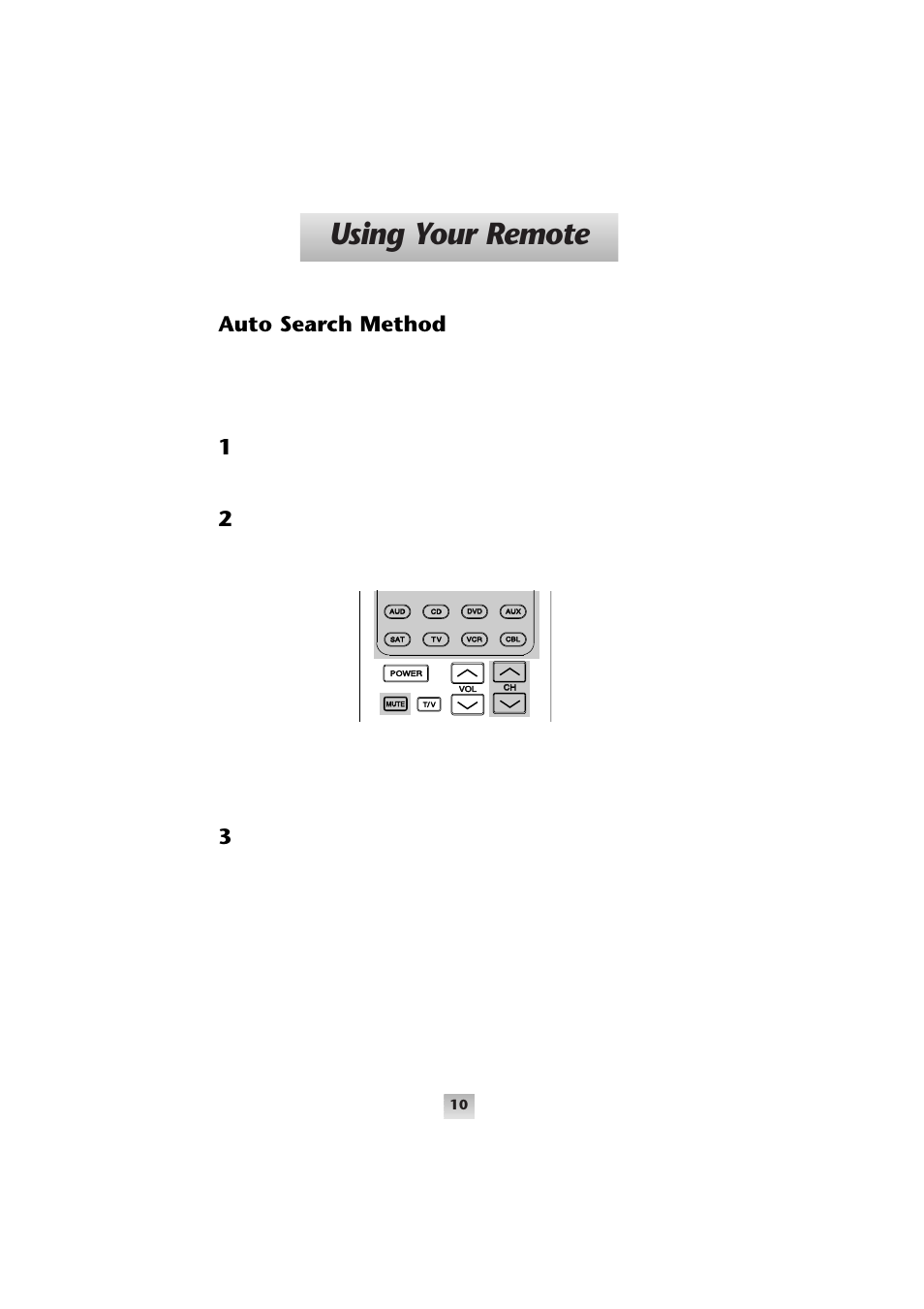 Using your remote, Auto search method, Device buttons channel buttons mute button | Universal Remote Control (URS) SL-9000 User Manual | Page 11 / 59