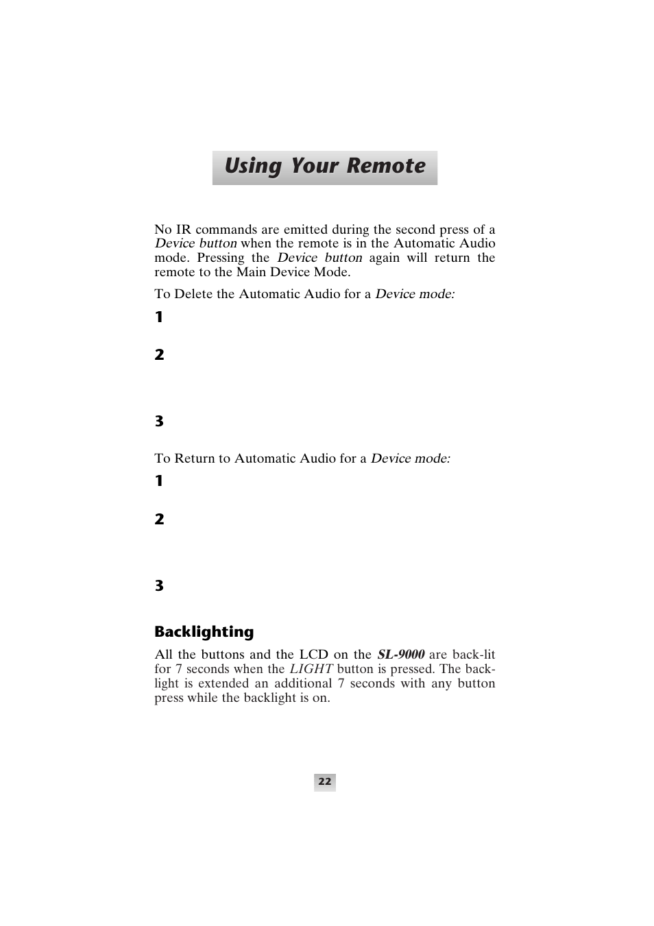 Using y, Using y our remote our remote | Universal Remote Control (URS) SL-9000 User Manual | Page 23 / 59