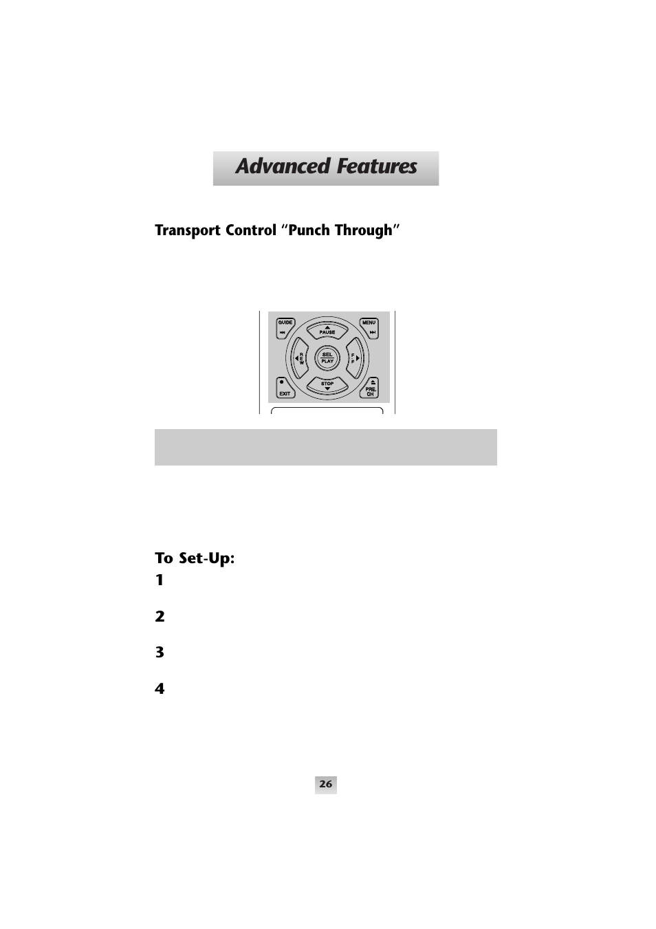Advanced features, Transport control “punch through, Transport controls | Universal Remote Control (URS) SL-9000 User Manual | Page 27 / 59