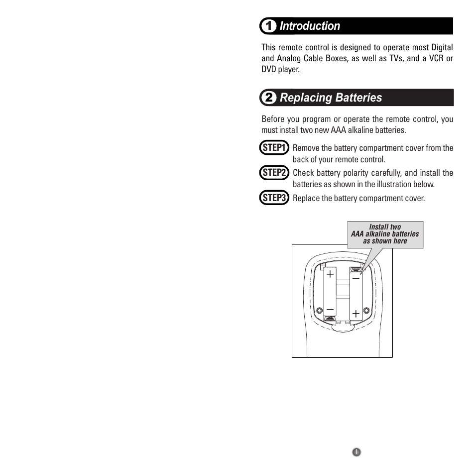 Introduction, Replacing batteries 2 | Universal Remote Control (URS) Easy Clicker OCE-0009D User Manual | Page 2 / 13
