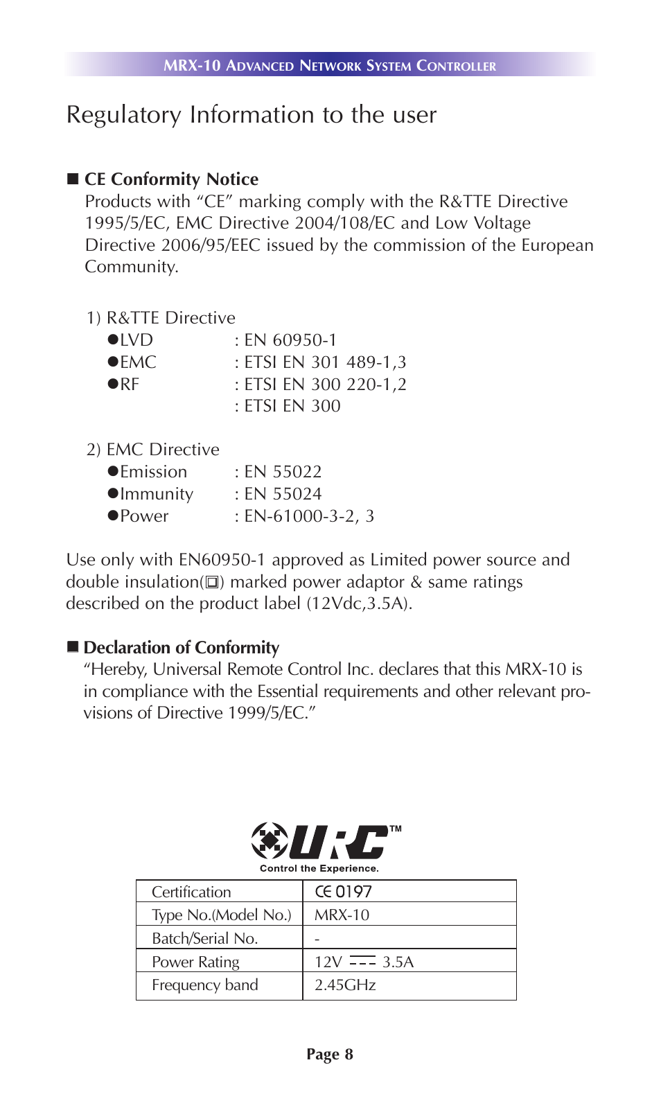 Regulatory information to the user | Universal Remote Control (URS) Advanced Network System Controller MRX-10 User Manual | Page 11 / 14