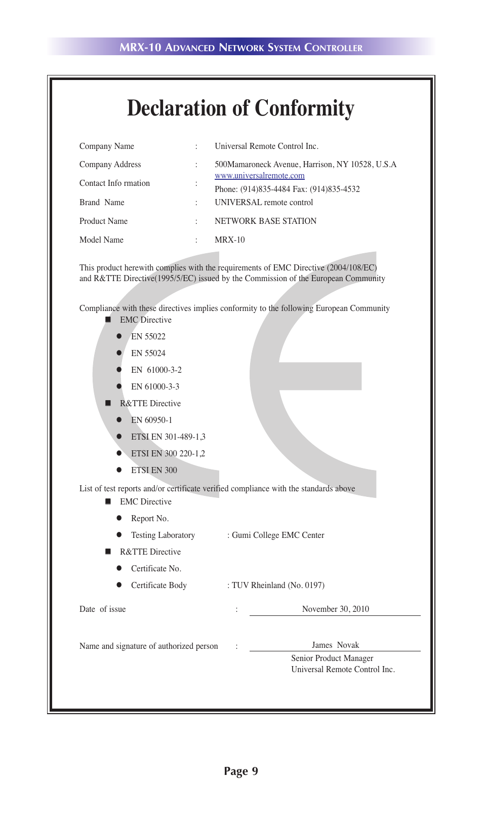 Declaration of conformity, Page 9 mrx-10 a | Universal Remote Control (URS) Advanced Network System Controller MRX-10 User Manual | Page 12 / 14