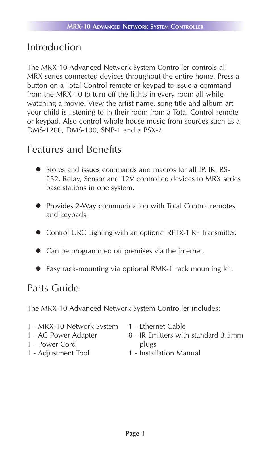 Introduction, Features and benefits, Parts guide | Universal Remote Control (URS) Advanced Network System Controller MRX-10 User Manual | Page 4 / 14