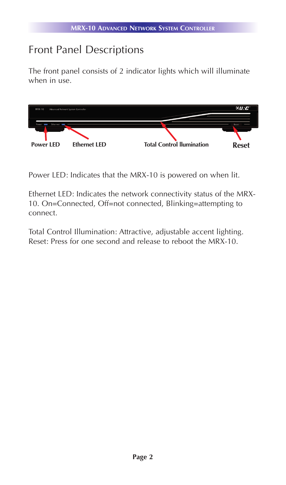 Front panel descriptions | Universal Remote Control (URS) Advanced Network System Controller MRX-10 User Manual | Page 5 / 14