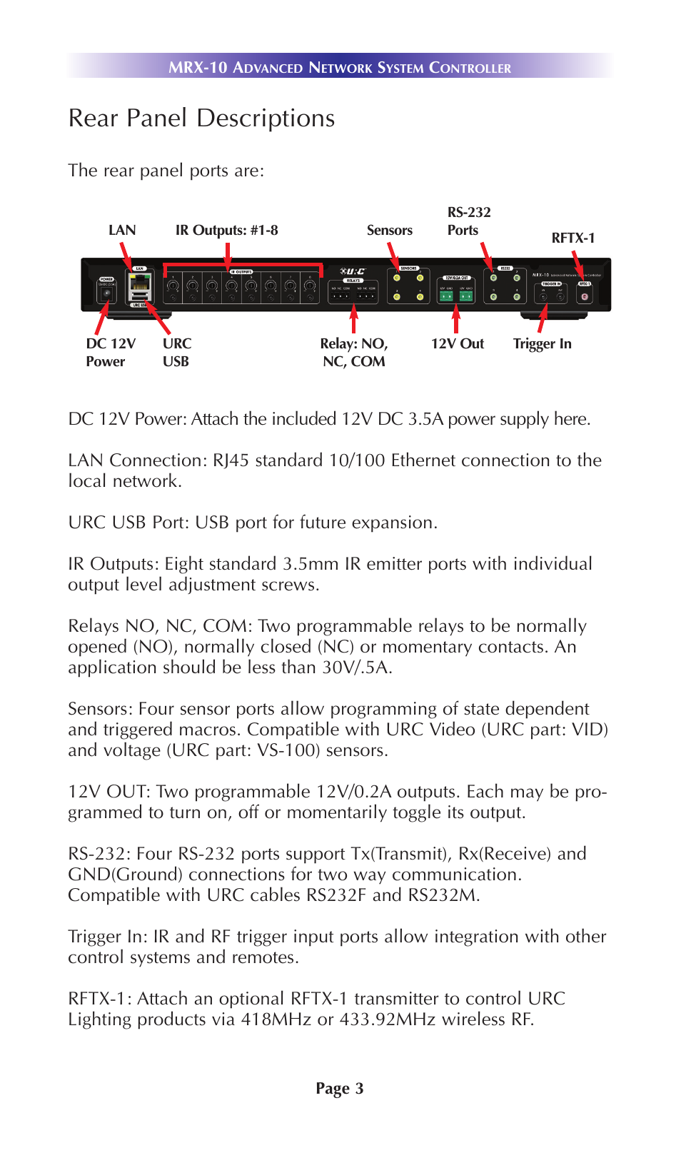 Rear panel descriptions | Universal Remote Control (URS) Advanced Network System Controller MRX-10 User Manual | Page 6 / 14