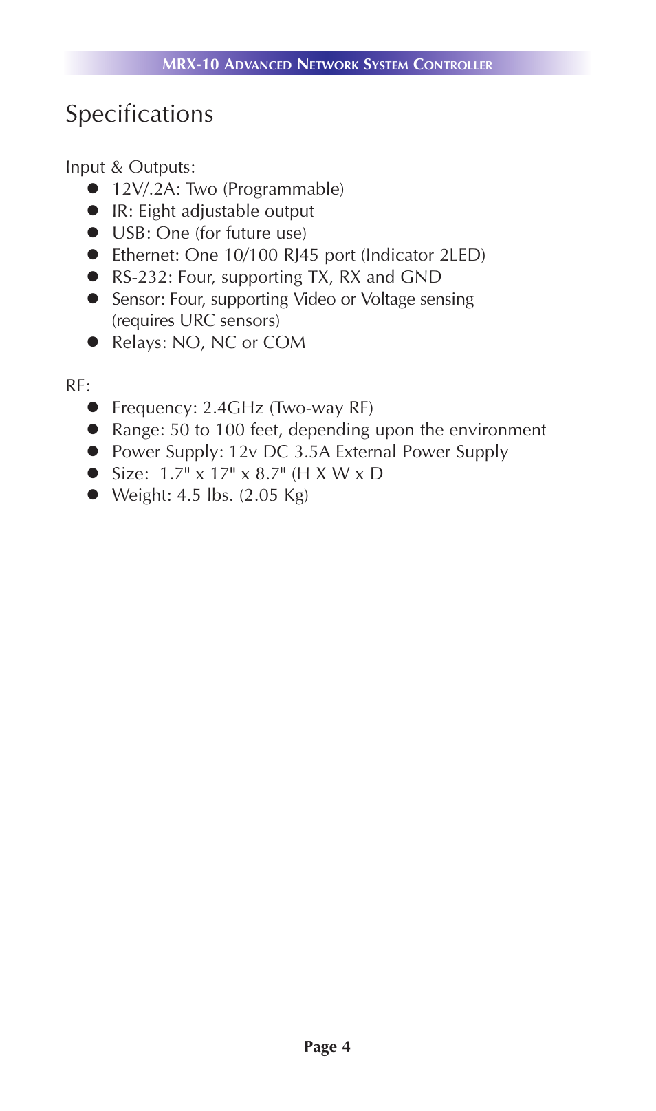 Specifications | Universal Remote Control (URS) Advanced Network System Controller MRX-10 User Manual | Page 7 / 14