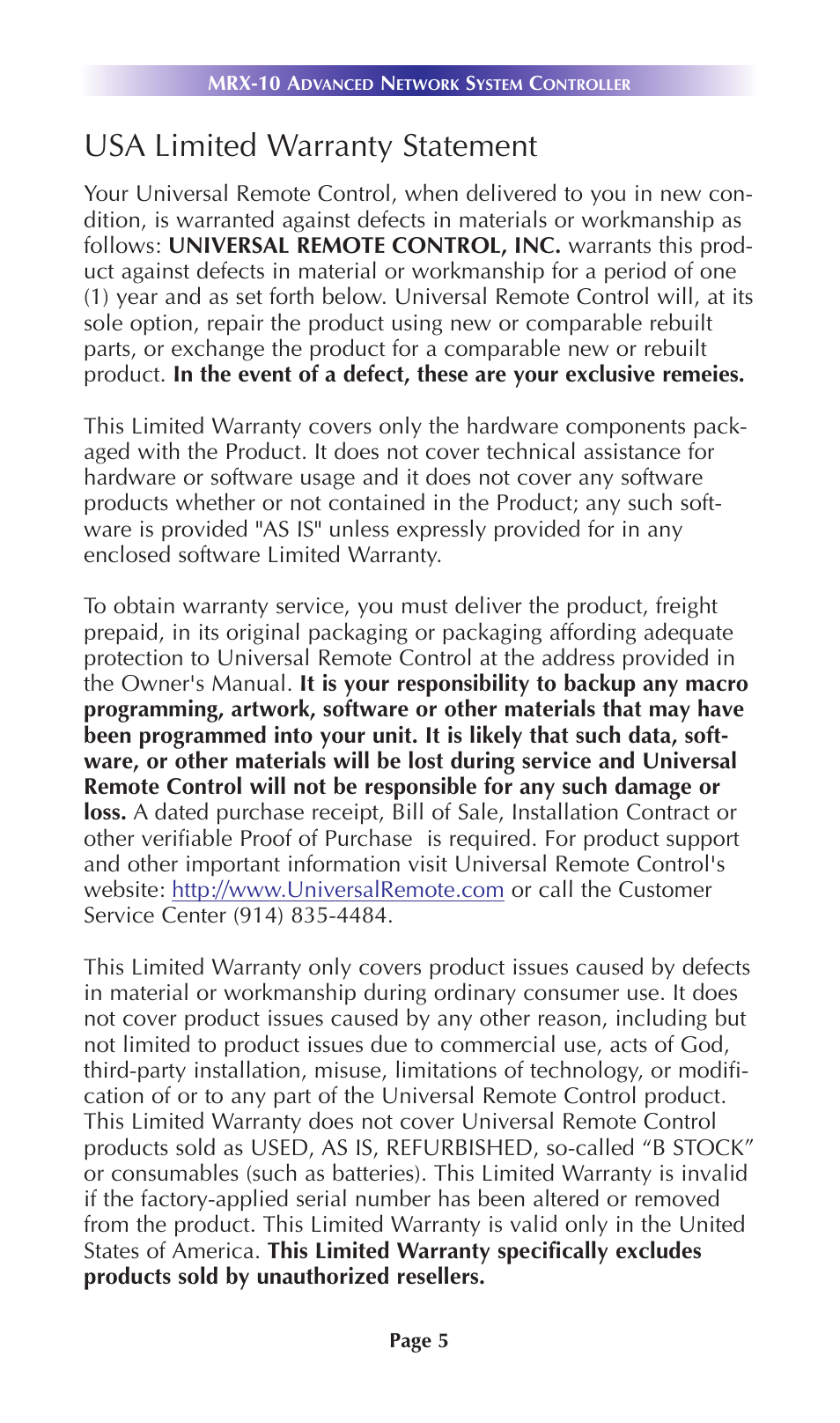 Usa limited warranty statement | Universal Remote Control (URS) Advanced Network System Controller MRX-10 User Manual | Page 8 / 14