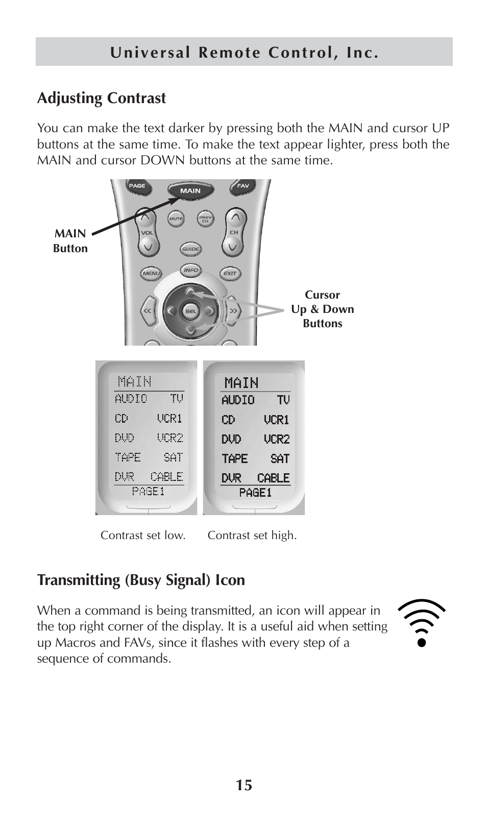 Transmitting (busy signal) icon | Universal Remote Control (URS) omega MX-650 User Manual | Page 17 / 60