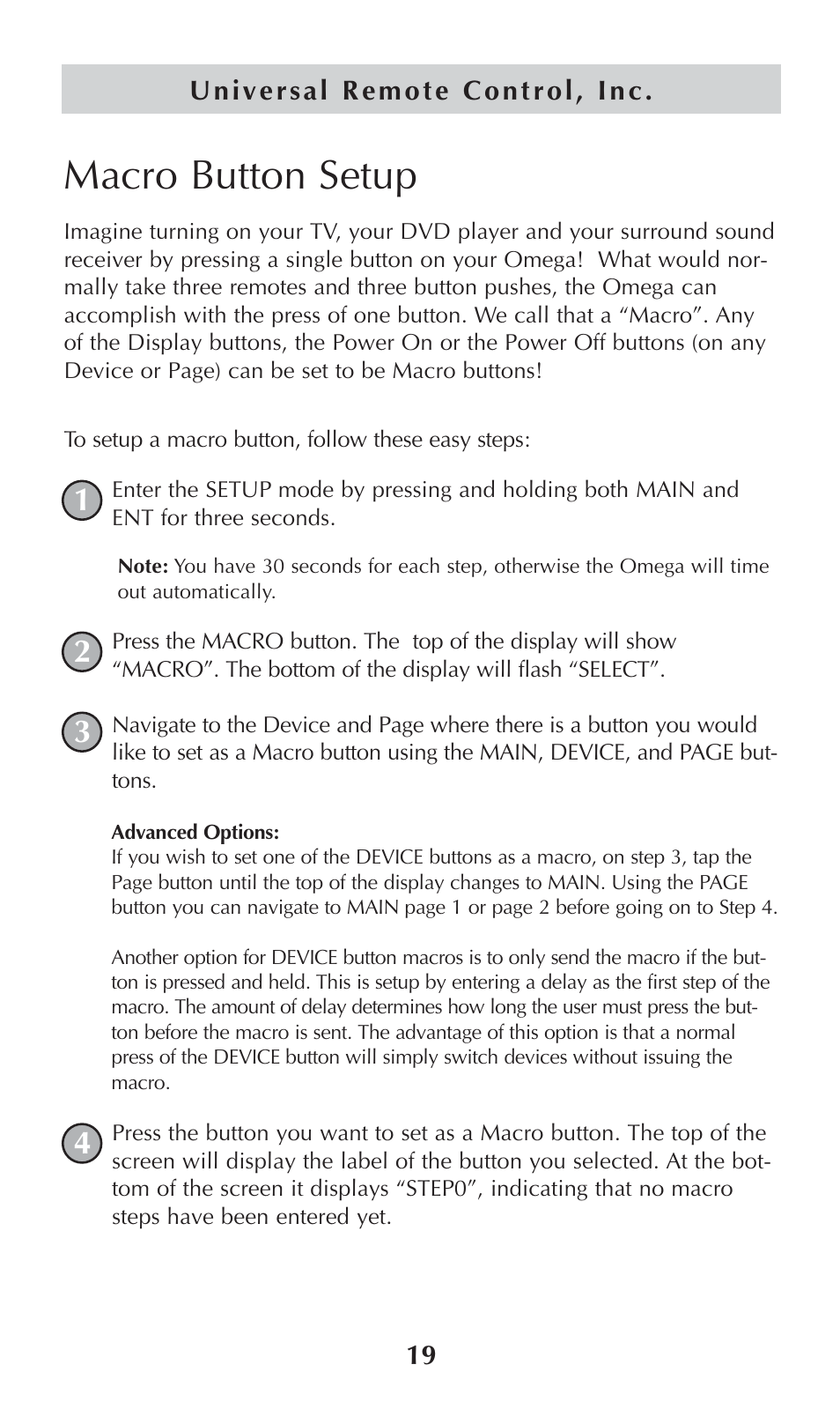 Macro button setup | Universal Remote Control (URS) omega MX-650 User Manual | Page 21 / 60