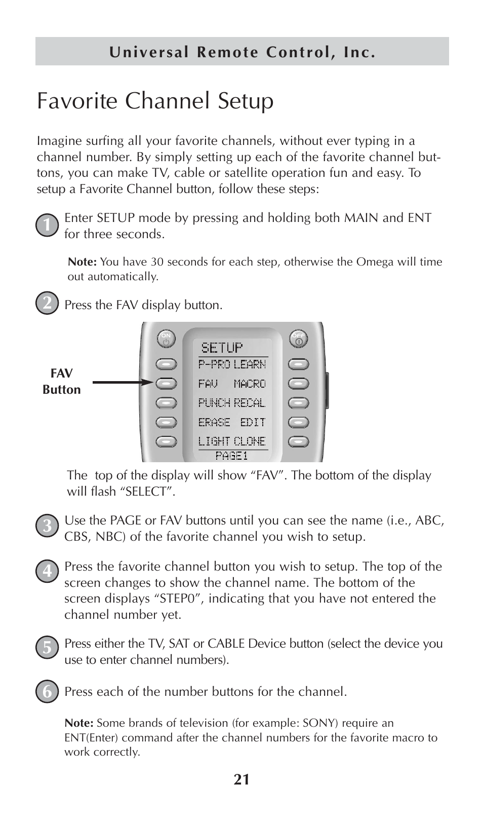 Favorite channel setup | Universal Remote Control (URS) omega MX-650 User Manual | Page 23 / 60