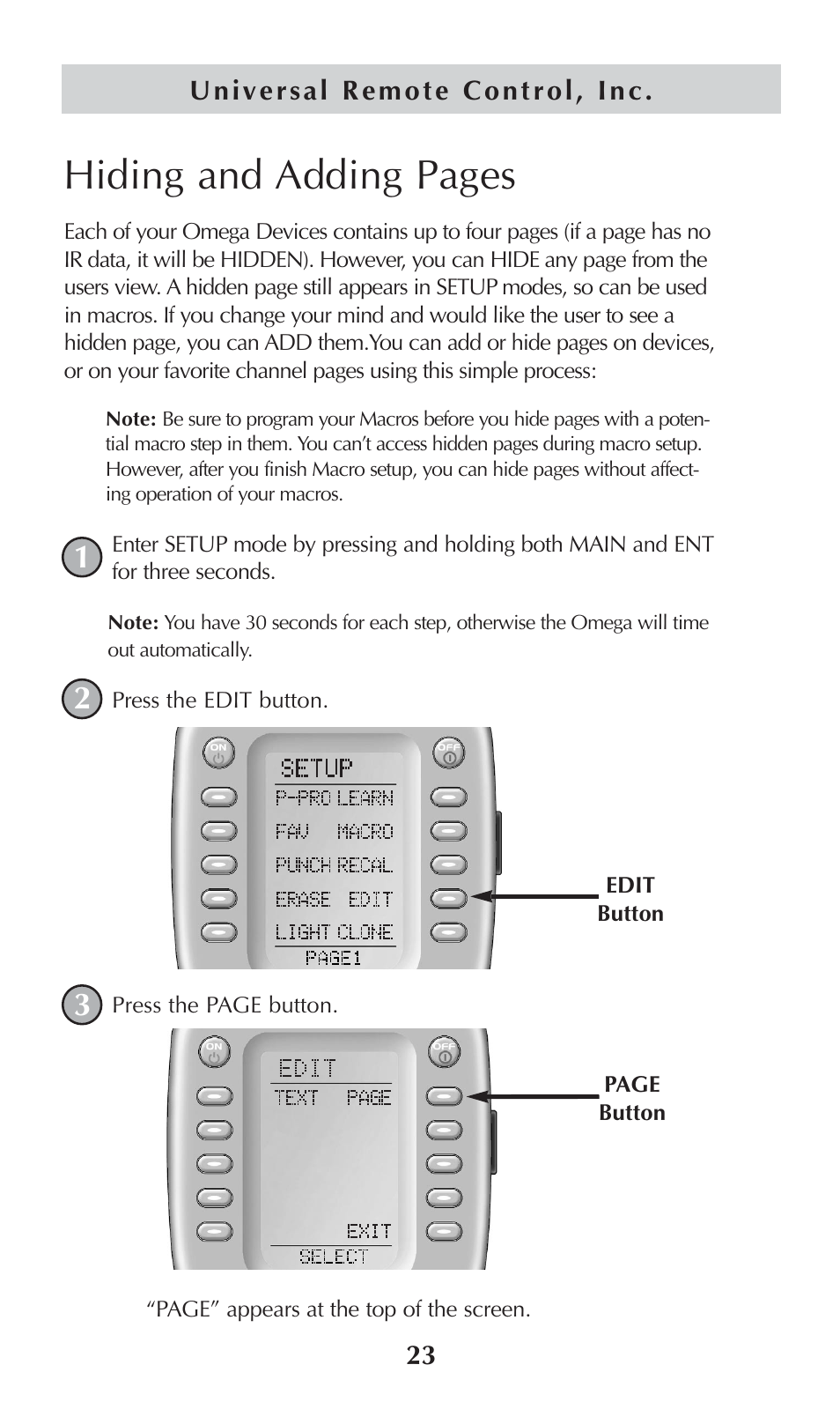 Hiding and adding pages | Universal Remote Control (URS) omega MX-650 User Manual | Page 25 / 60