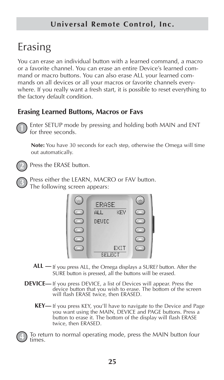 Erasing | Universal Remote Control (URS) omega MX-650 User Manual | Page 27 / 60