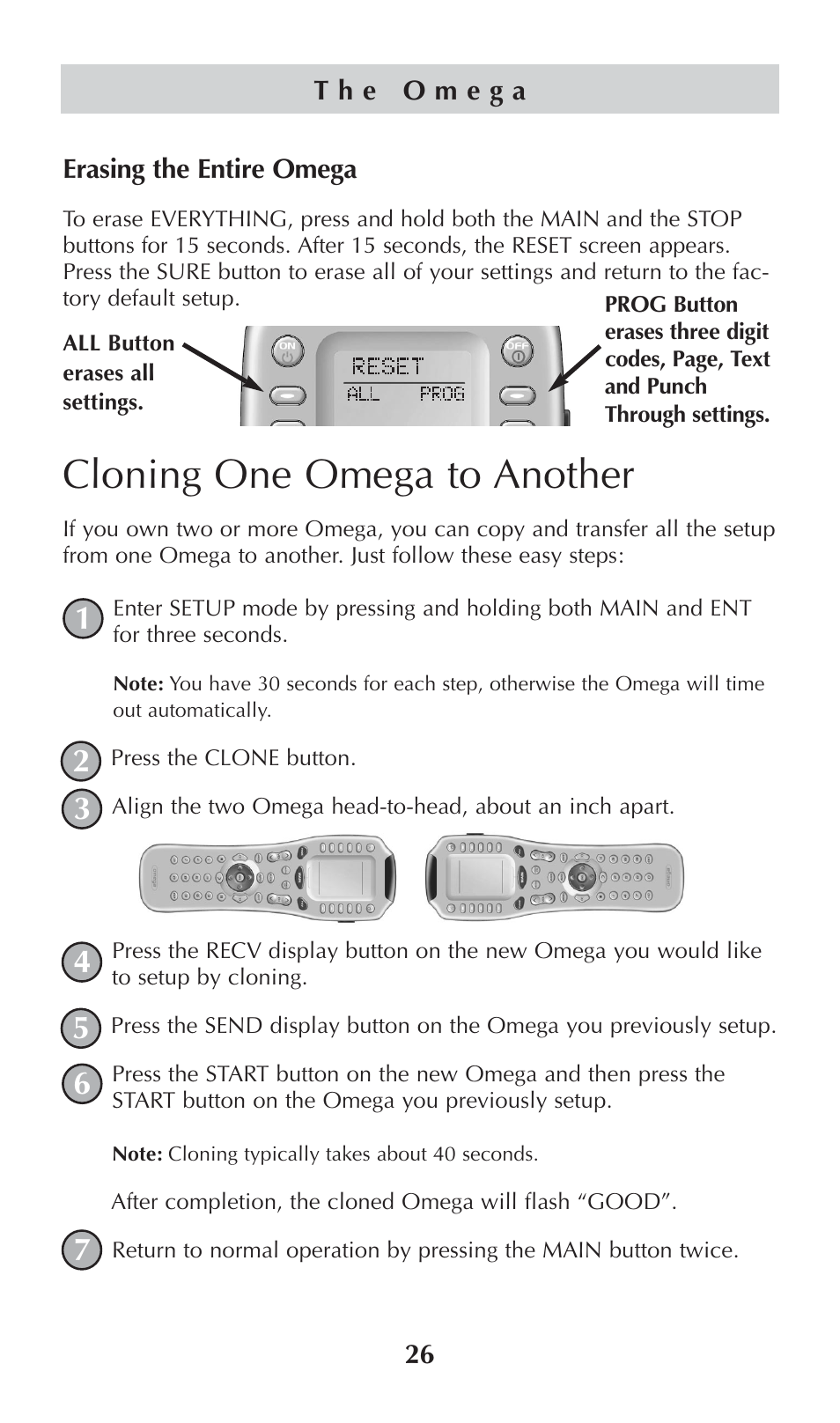 Cloning one omega to another | Universal Remote Control (URS) omega MX-650 User Manual | Page 28 / 60