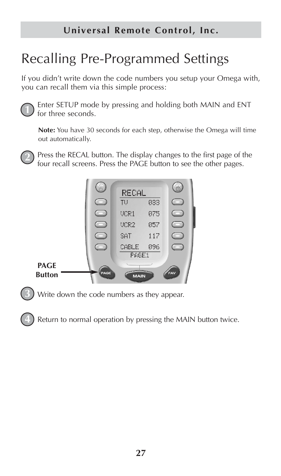 Recalling pre-programmed settings | Universal Remote Control (URS) omega MX-650 User Manual | Page 29 / 60