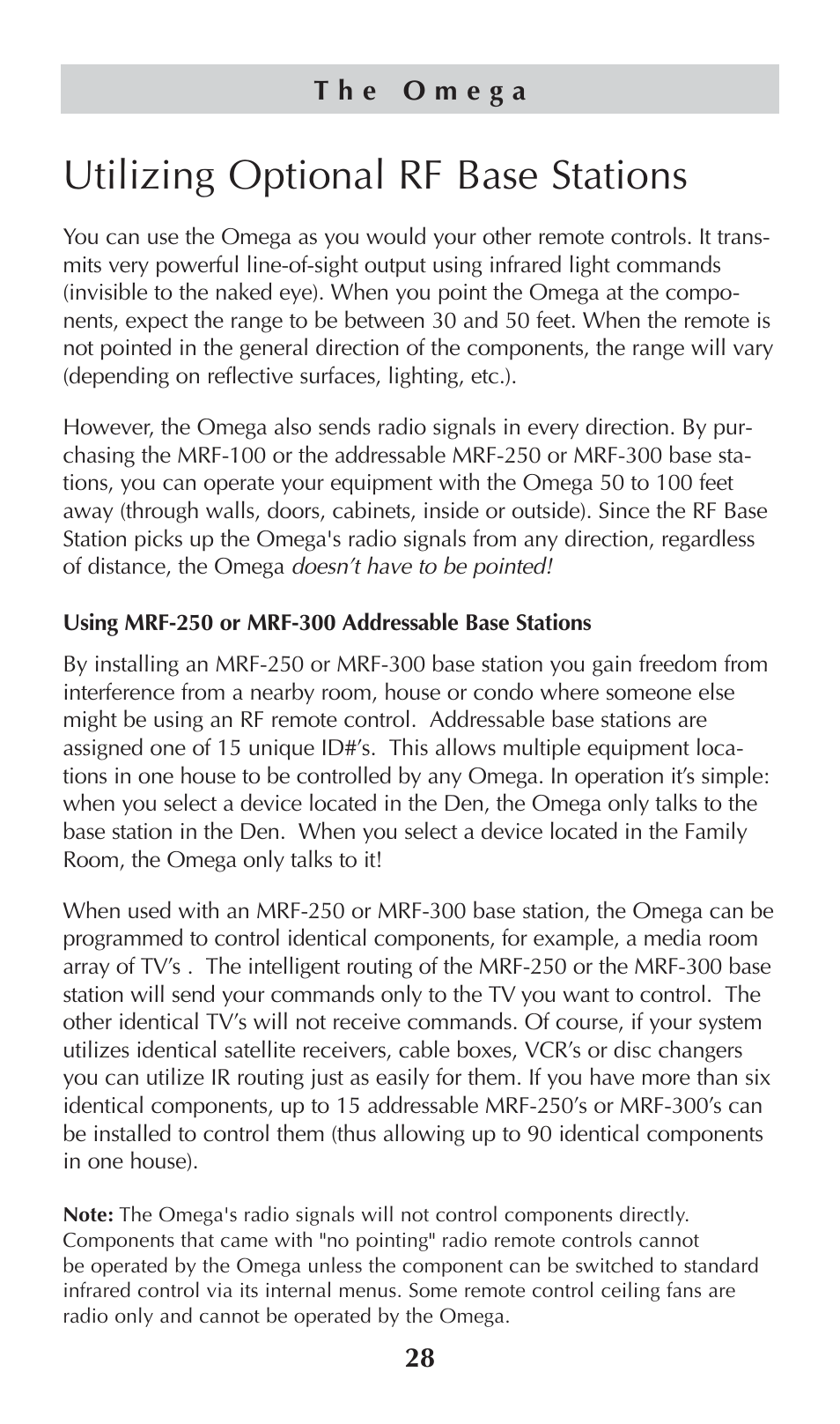 Utilizing optional rf base stations | Universal Remote Control (URS) omega MX-650 User Manual | Page 30 / 60