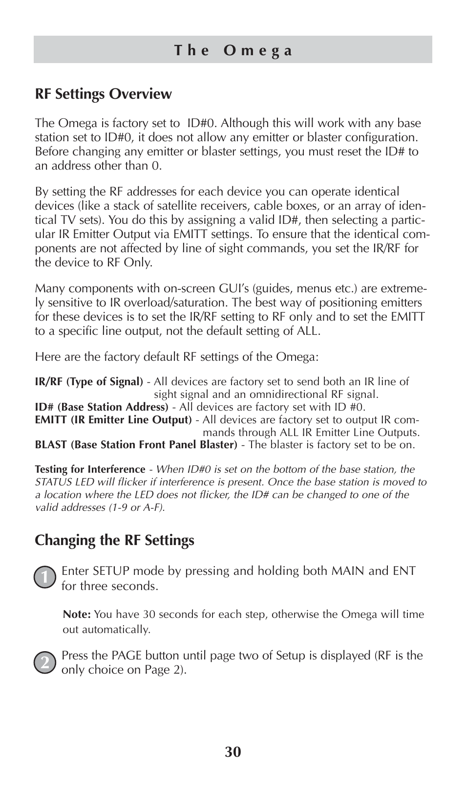 30 rf settings overview, Changing the rf settings | Universal Remote Control (URS) omega MX-650 User Manual | Page 32 / 60