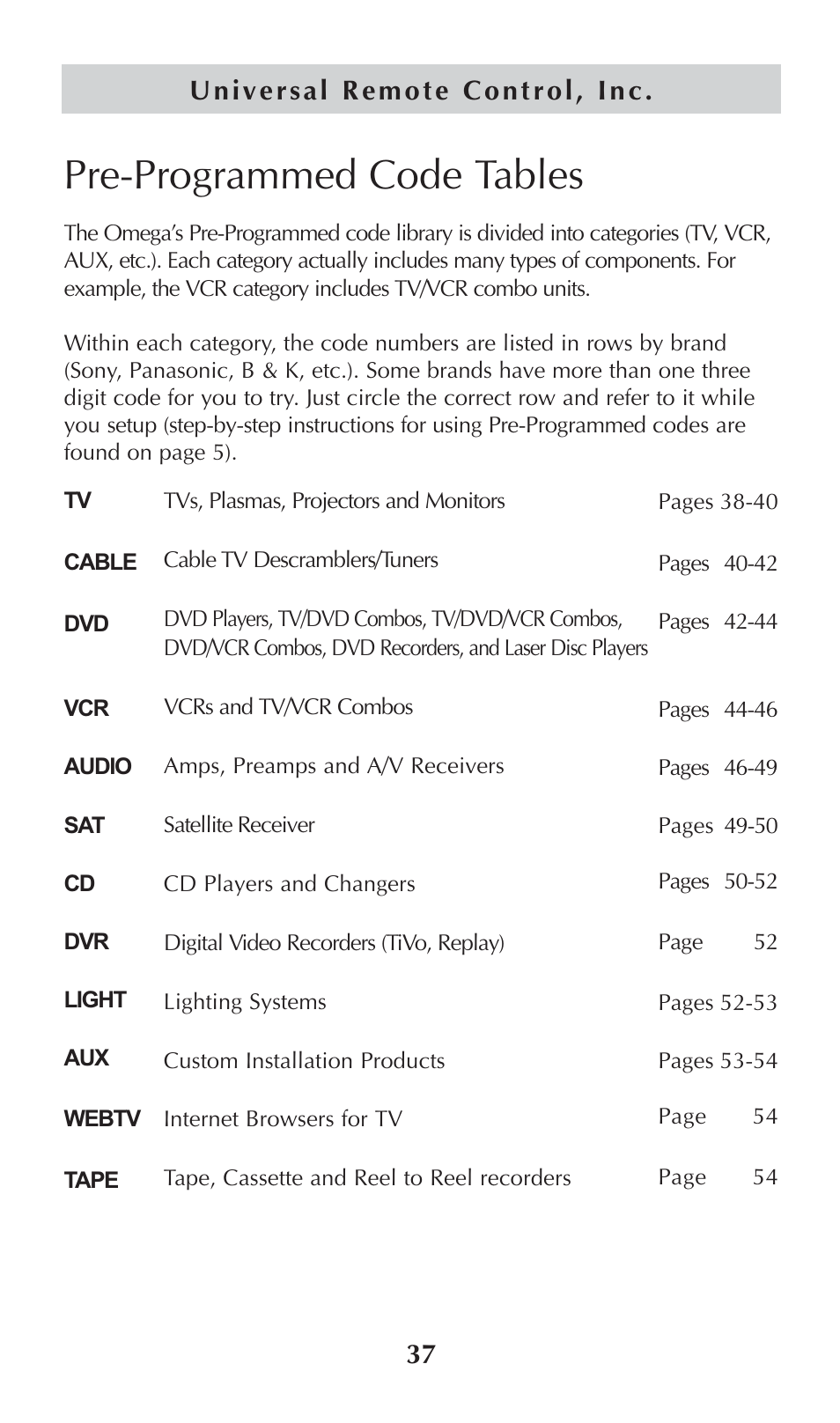 Pre-programmed code tables | Universal Remote Control (URS) omega MX-650 User Manual | Page 39 / 60