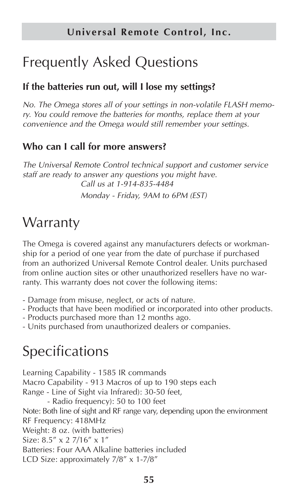 Frequently asked questions, Warranty, Specifications | Universal Remote Control (URS) omega MX-650 User Manual | Page 57 / 60