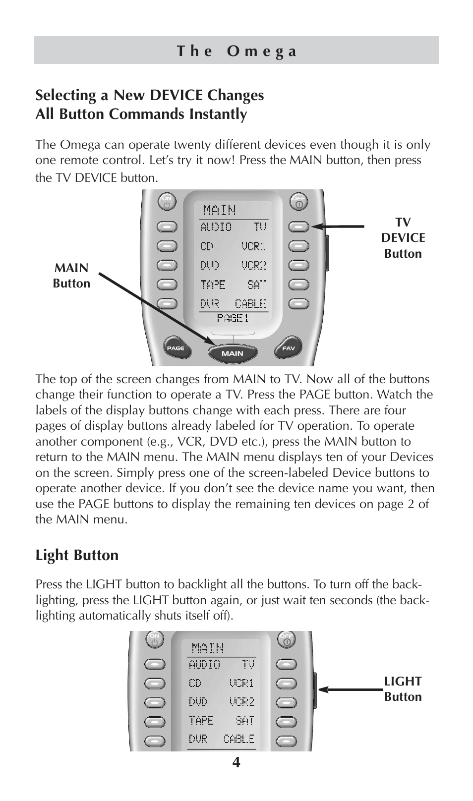 Light button | Universal Remote Control (URS) omega MX-650 User Manual | Page 6 / 60