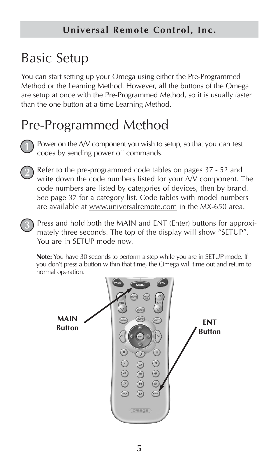 Basic setup, Pre-programmed method | Universal Remote Control (URS) omega MX-650 User Manual | Page 7 / 60