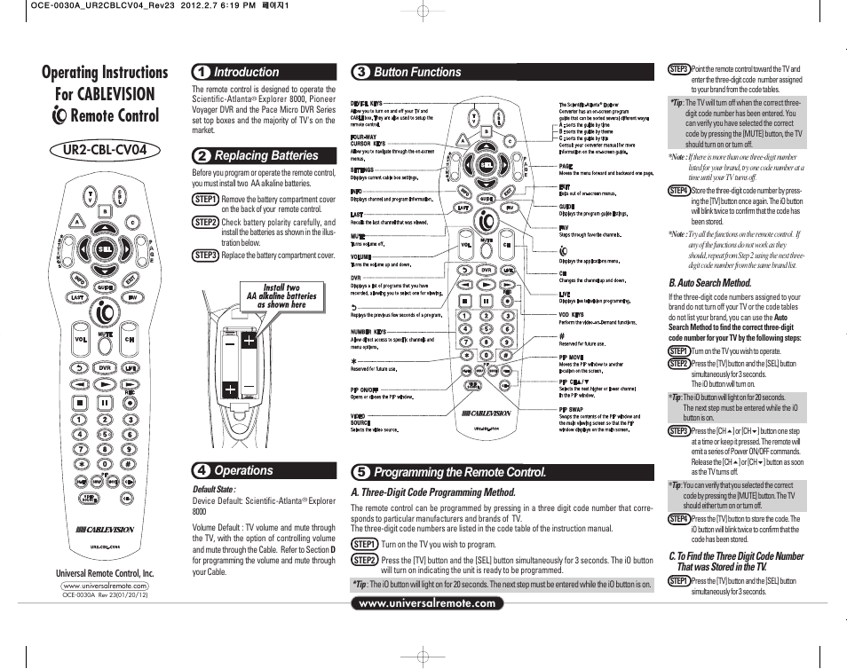 Universal Remote Control (URS) Cablevision Remote Control UR2-CBL-CV04 User Manual | 2 pages
