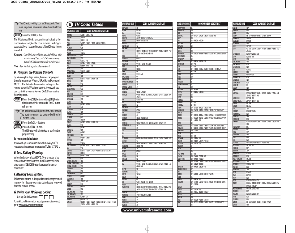 Tv code tables 6, D. program the volume controls, E. low battery warning | G. write your tv set-up codes | Universal Remote Control (URS) Cablevision Remote Control UR2-CBL-CV04 User Manual | Page 2 / 2