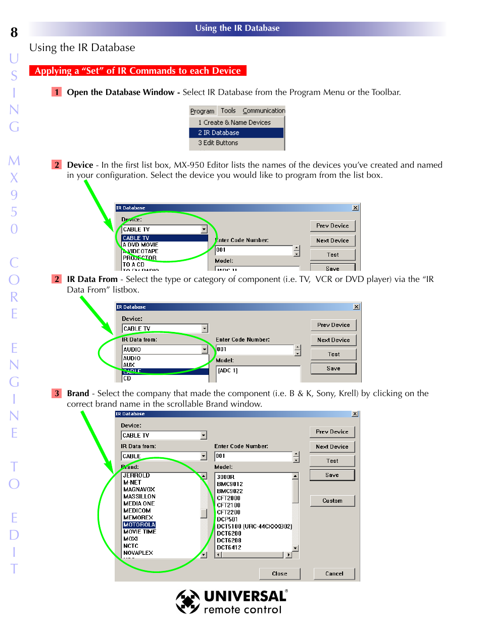 Using the ir database, Sing the, Ir d | Atabase, Applying a “set” of ir commands to each device | Universal Remote Control (URS) MX-950 User Manual | Page 12 / 44