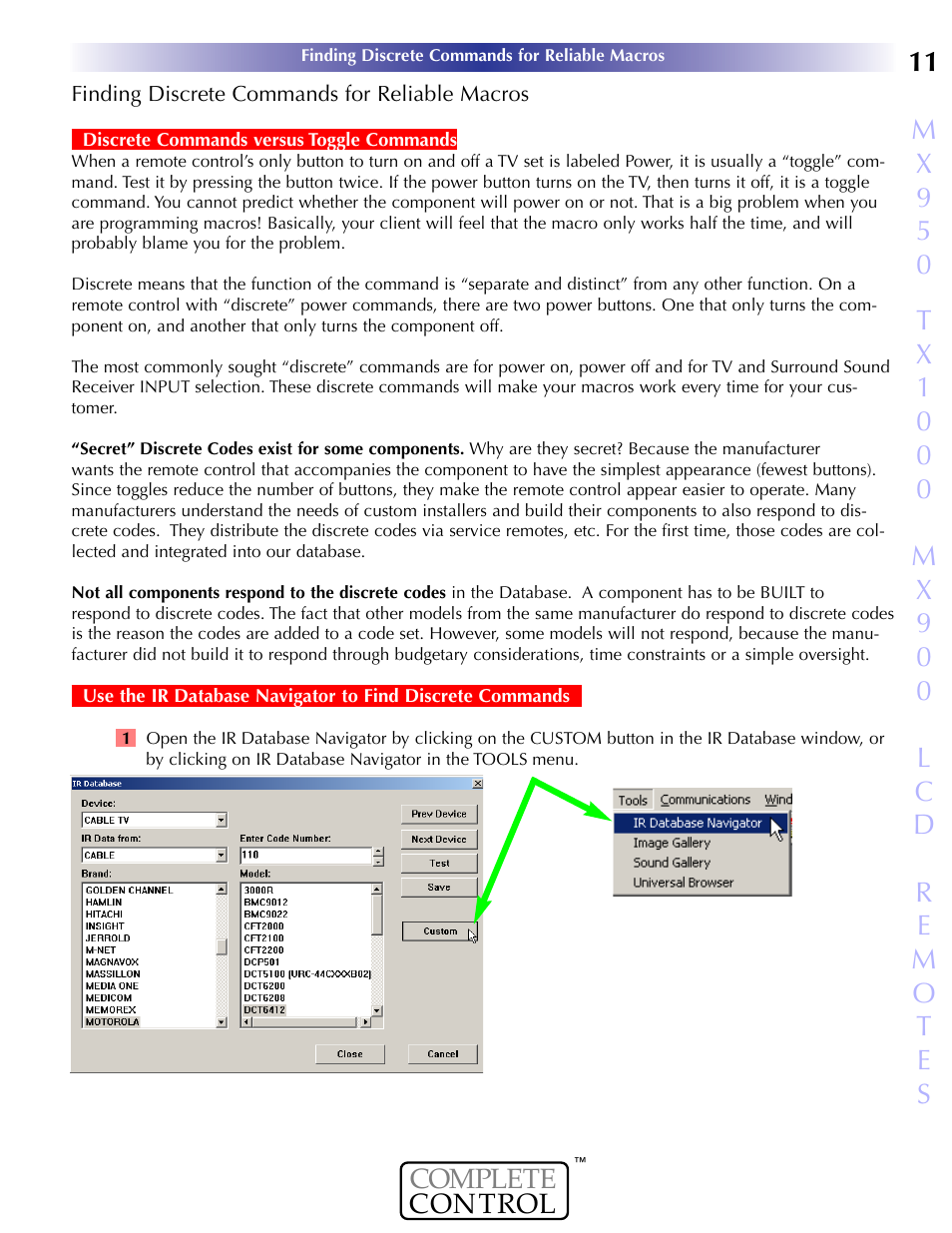 Use the ir database navigato, Inding, Iscrete | Ommands for, Eliable, Acros, Discrete commands versus toggle commands | Universal Remote Control (URS) MX-950 User Manual | Page 15 / 44