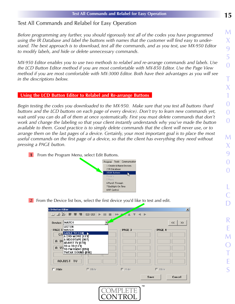 Using the lcd button editor, Ommands and, Elabel for | Peration | Universal Remote Control (URS) MX-950 User Manual | Page 19 / 44