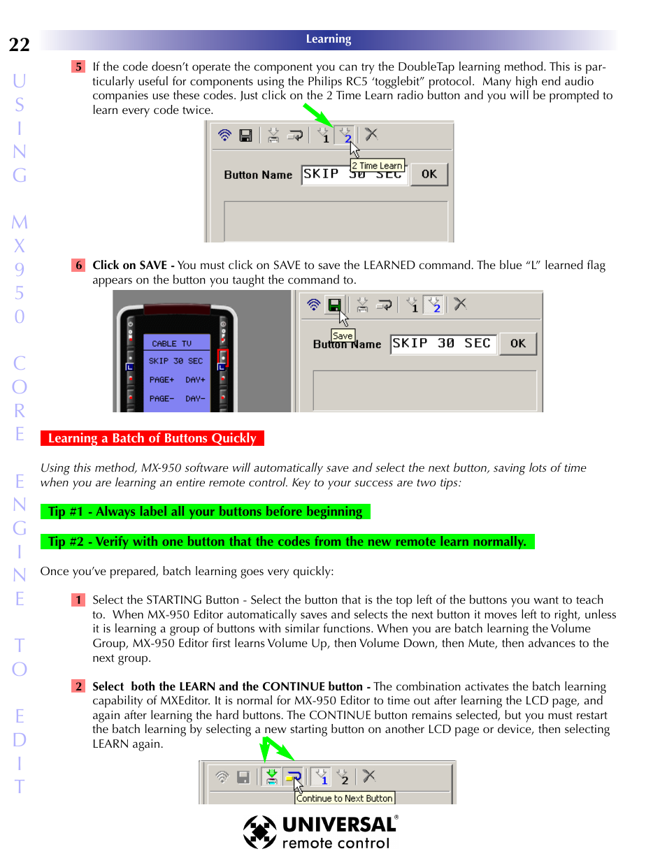 Learning a batch of buttons, Learning a batch of buttons quickly | Universal Remote Control (URS) MX-950 User Manual | Page 26 / 44