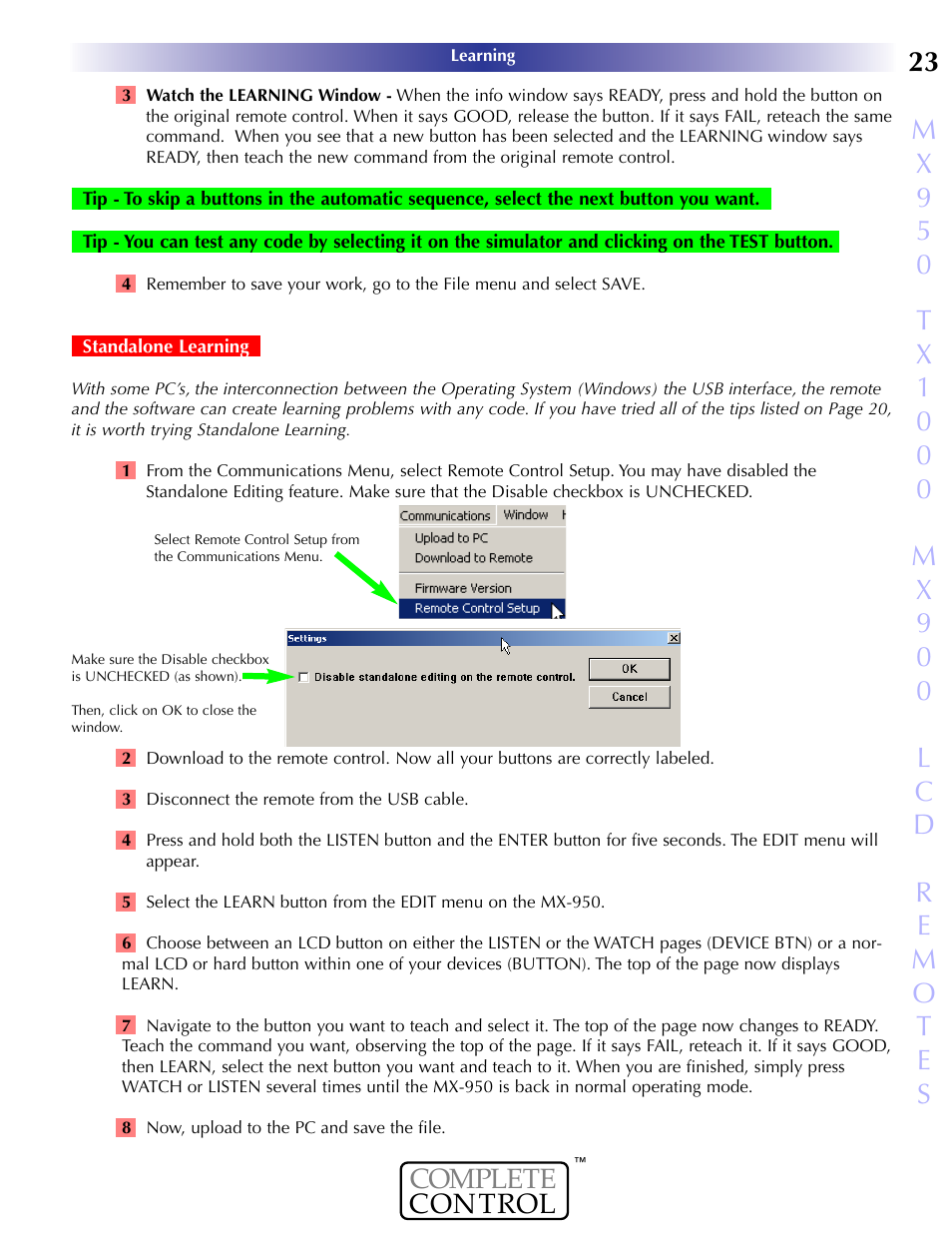 Standalone learning | Universal Remote Control (URS) MX-950 User Manual | Page 27 / 44