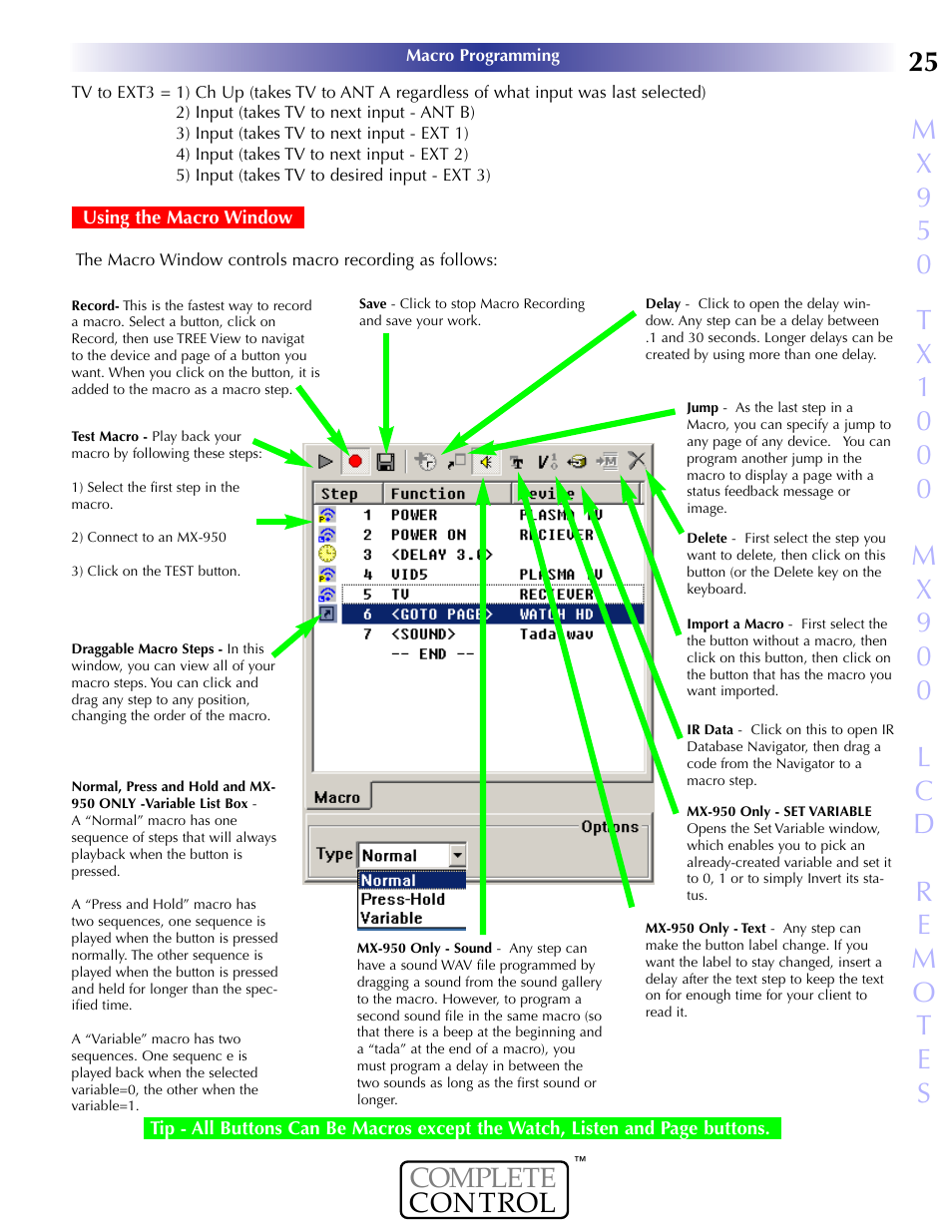 Using the macro window | Universal Remote Control (URS) MX-950 User Manual | Page 29 / 44