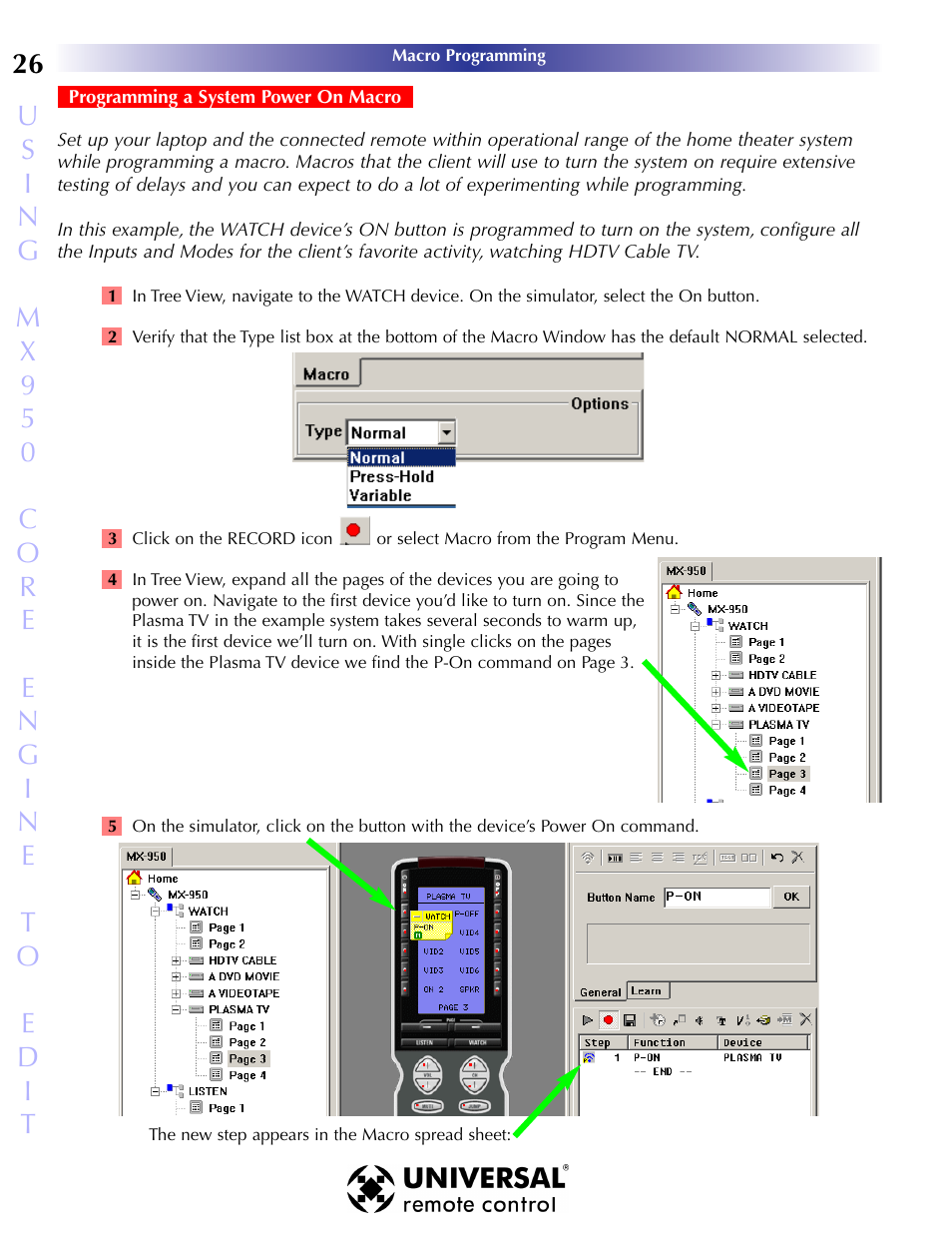 Example: power on macro, Programming a system power on macro | Universal Remote Control (URS) MX-950 User Manual | Page 30 / 44