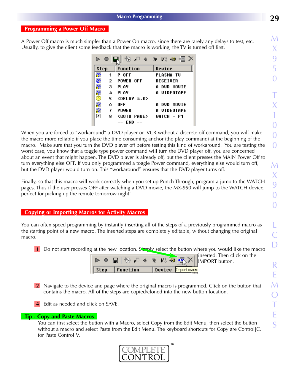 Example: power off macro, Copying or importing macros, Programming a power off macro | Copying or importing macros for activity macros | Universal Remote Control (URS) MX-950 User Manual | Page 33 / 44