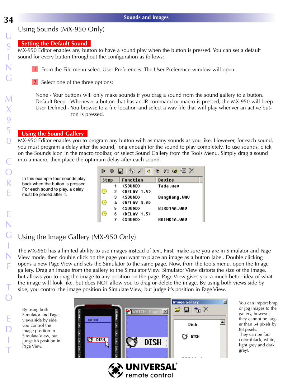 Using sounds (mx-950 only), Using images (mx-950 only), Sing | Ounds, Mx-950 o, Setting the default sound, Using the sound gallery, Sing the, Mage, Allery | Universal Remote Control (URS) MX-950 User Manual | Page 38 / 44