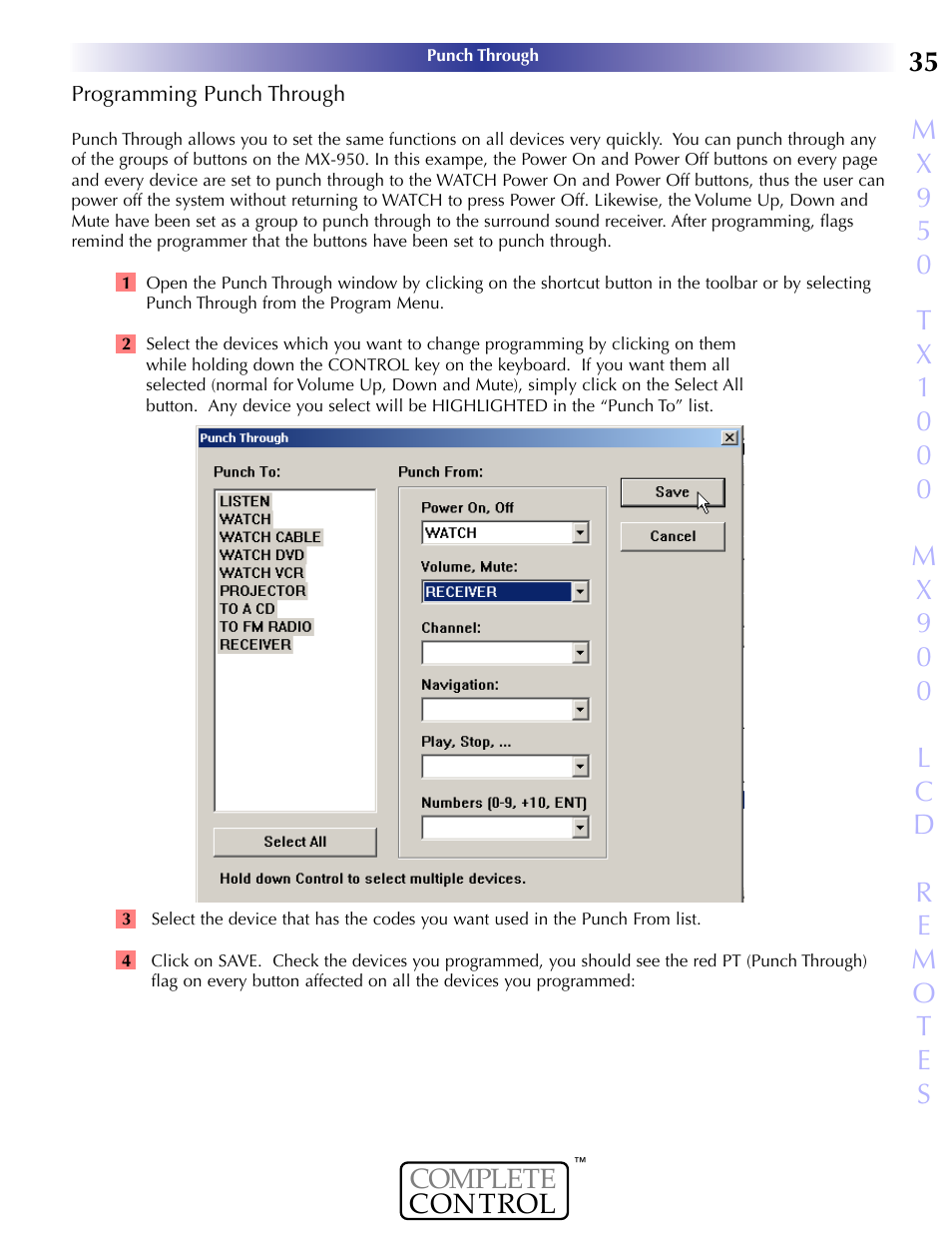 Programming punch through, Rogramming, Unch | Hrough | Universal Remote Control (URS) MX-950 User Manual | Page 39 / 44
