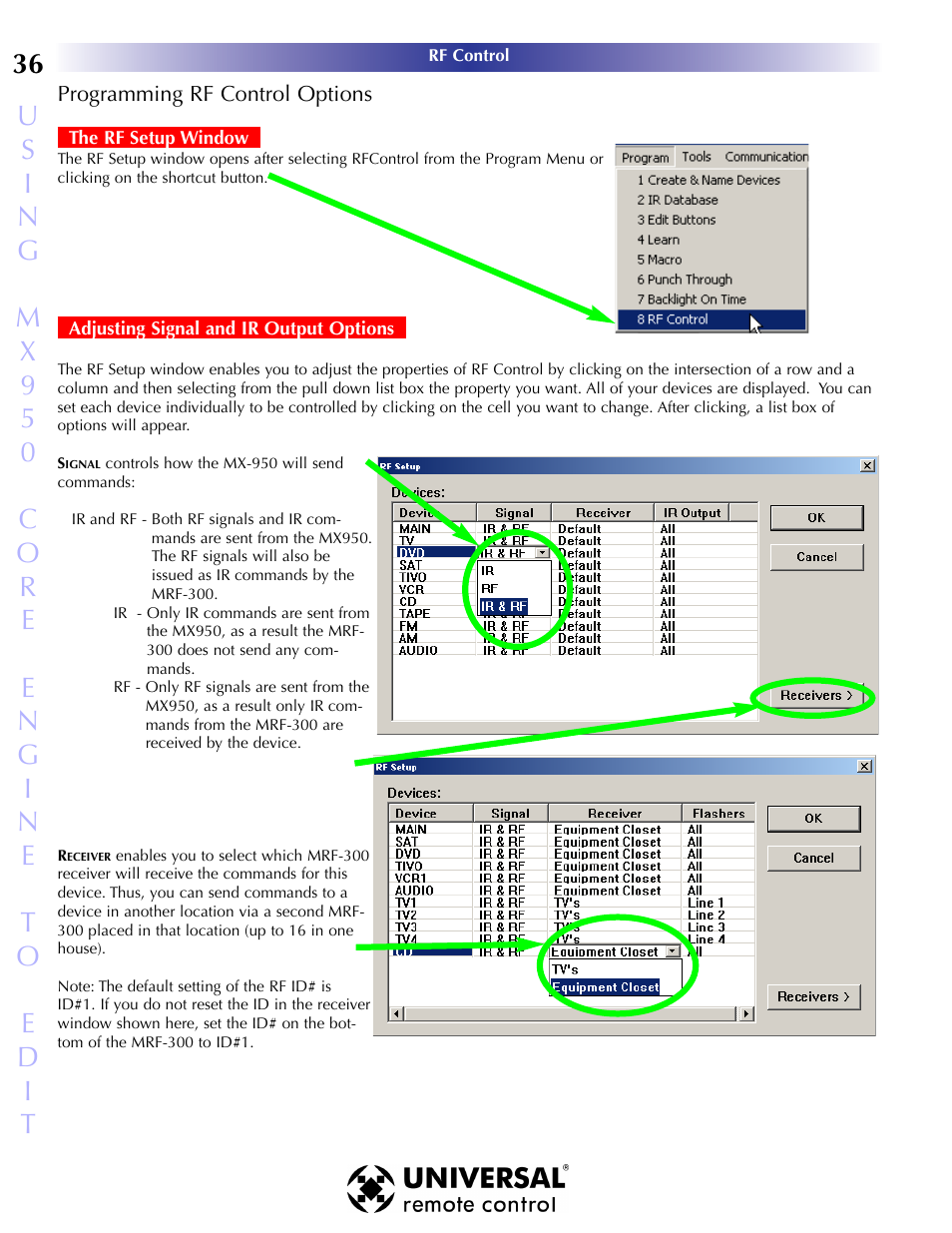 Programming rf control options, Rogramming, Rf c | Ontrol, Ptions, The rf setup window, Adjusting signal and ir output options | Universal Remote Control (URS) MX-950 User Manual | Page 40 / 44