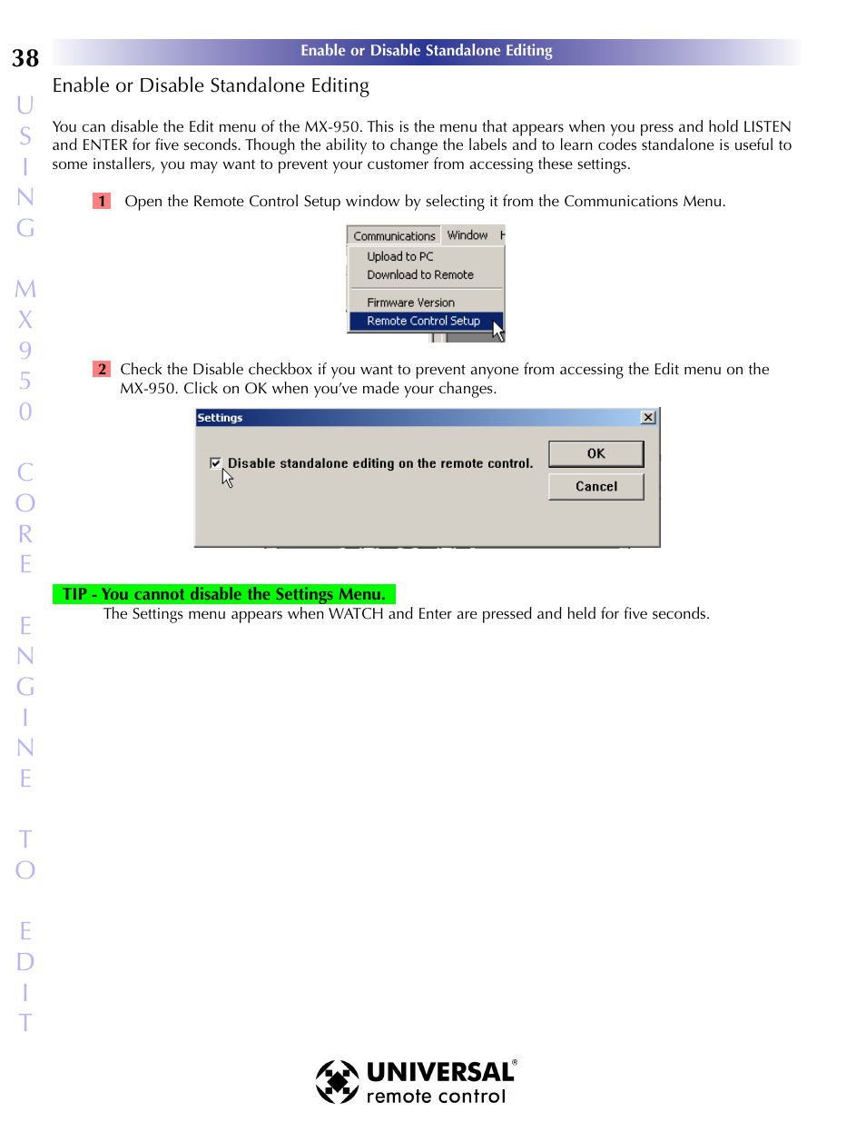Enable or disable standalone, Nable or, Isable | Tandalone, Diting | Universal Remote Control (URS) MX-950 User Manual | Page 42 / 44