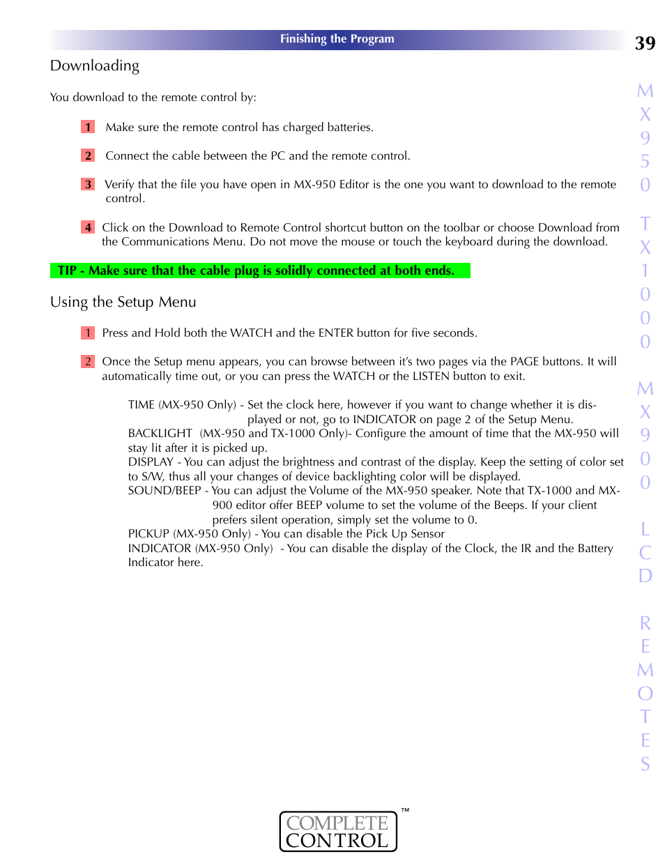 Downloading, Using the setup menu, Ownloading | Sing the, Etup | Universal Remote Control (URS) MX-950 User Manual | Page 43 / 44