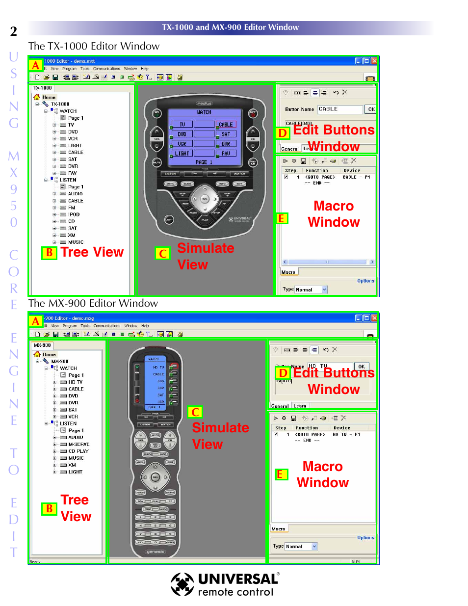 The tx-1000 editor window, The mx-900 editor window | Universal Remote Control (URS) MX-950 User Manual | Page 6 / 44