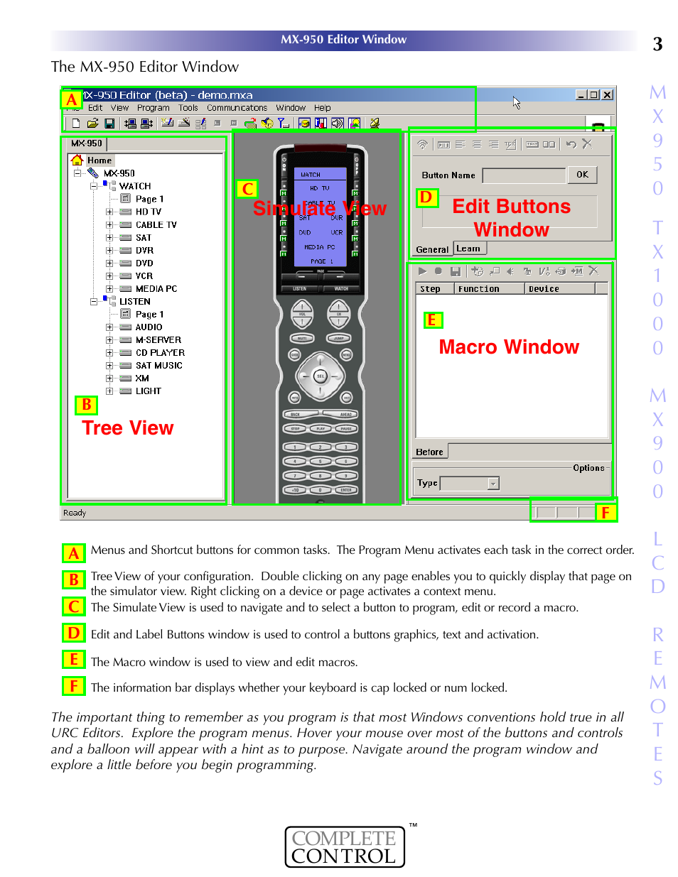 The mx-950 editor window, Mx-950 e, Ditor | Indow | Universal Remote Control (URS) MX-950 User Manual | Page 7 / 44