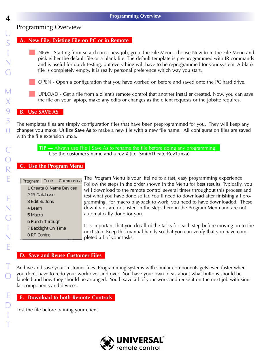 Programming overview, Rogramming, Verview | A. new file, existing file on pc or in remote, B. use save as, C. use the program menu, D. save and reuse customer files, E. download to both remote controls | Universal Remote Control (URS) MX-950 User Manual | Page 8 / 44