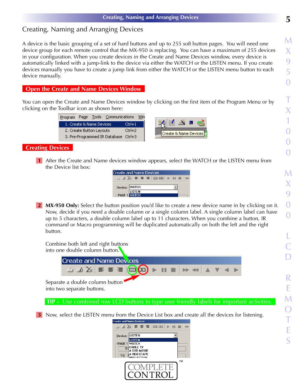 Creating, naming and arrangi, Reating, Aming and | Rranging, Evices, Open the create and name devices window, Creating devices | Universal Remote Control (URS) MX-950 User Manual | Page 9 / 44