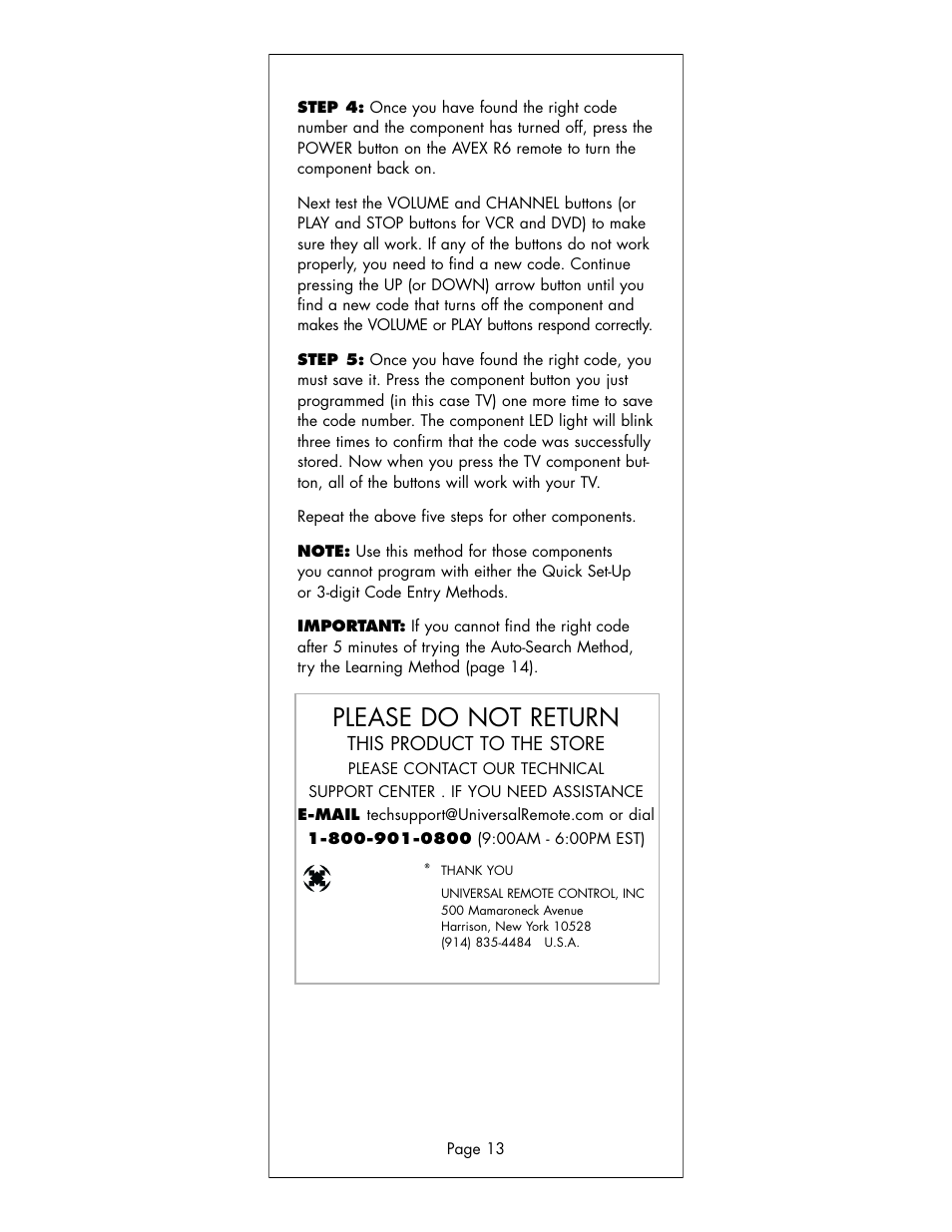 Please do not return | Universal Remote Control (URS) R6 User Manual | Page 13 / 41