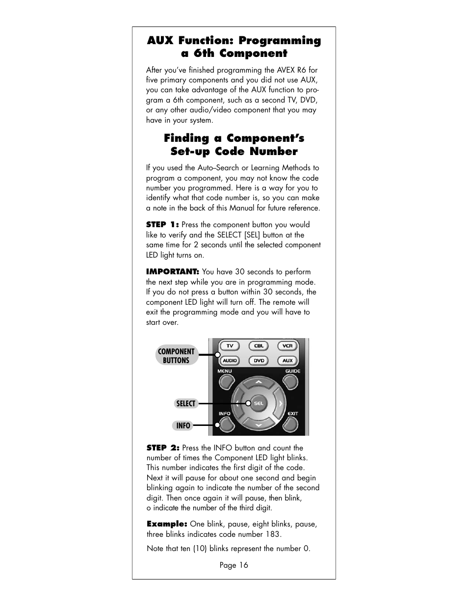 Aux function: programming a 6th component, Finding a component’s set-up code number | Universal Remote Control (URS) R6 User Manual | Page 16 / 41