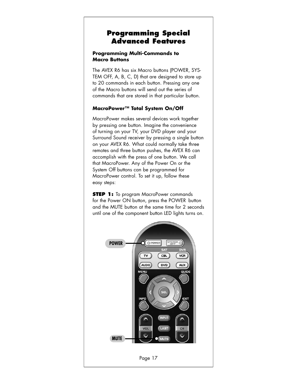 Programming special advanced features | Universal Remote Control (URS) R6 User Manual | Page 17 / 41