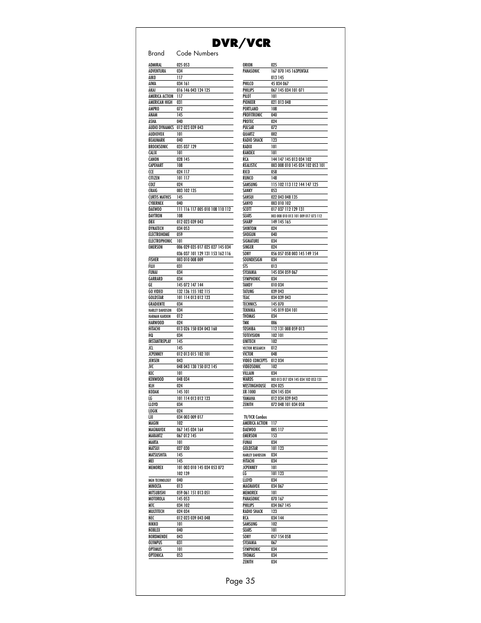 Dvr/vcr, Page 35 | Universal Remote Control (URS) R6 User Manual | Page 35 / 41