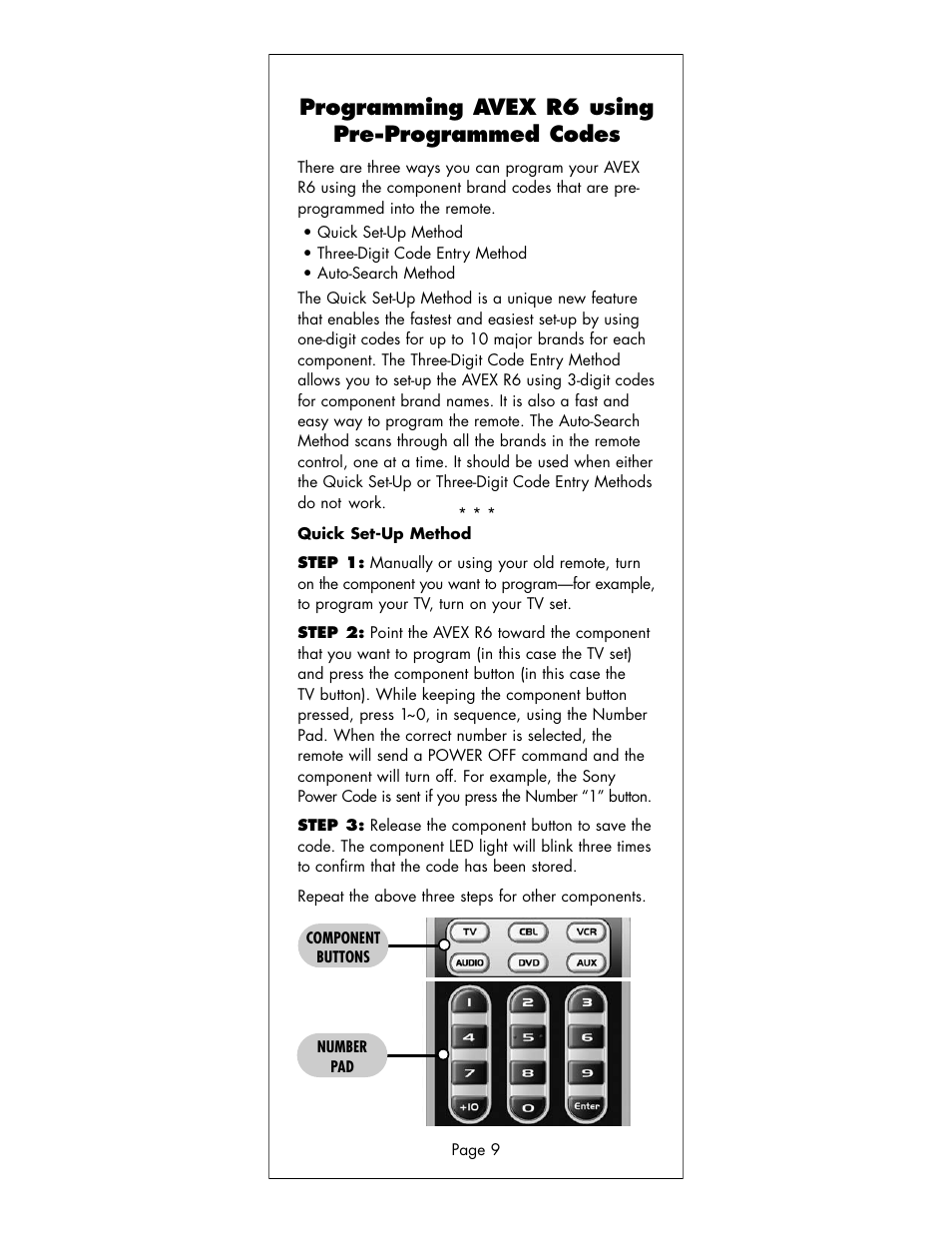 Programming avex r6 using pre-programmed codes | Universal Remote Control (URS) R6 User Manual | Page 9 / 41